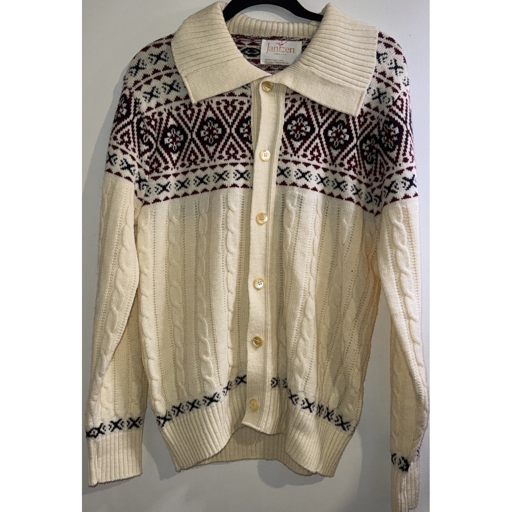 Vintage Jantzen Fair Isle Cable Knit Cardigan Sweater Cream Mens Large USA Made